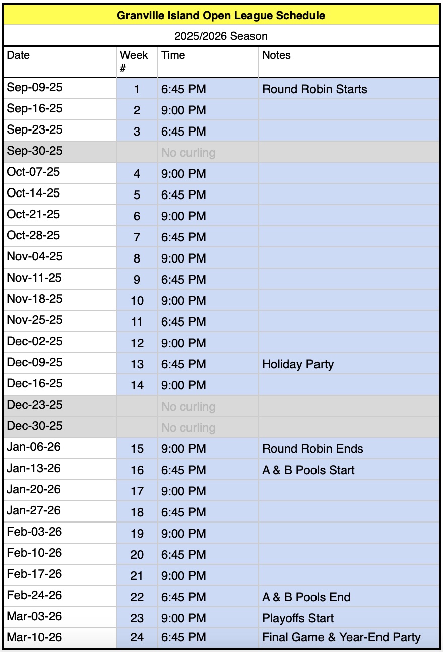 granville island open league schedule 2025 26